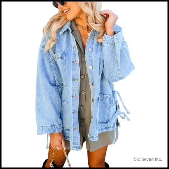 Oversized Denim Jacket Side Tie Bow Detail Boho Chic Boyfriend Fit - Picture 2 of 7